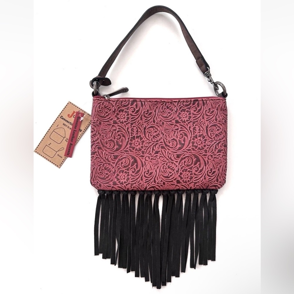 Justin Western Tooled Red Fringe Wristlet Shoulder Bag NWT